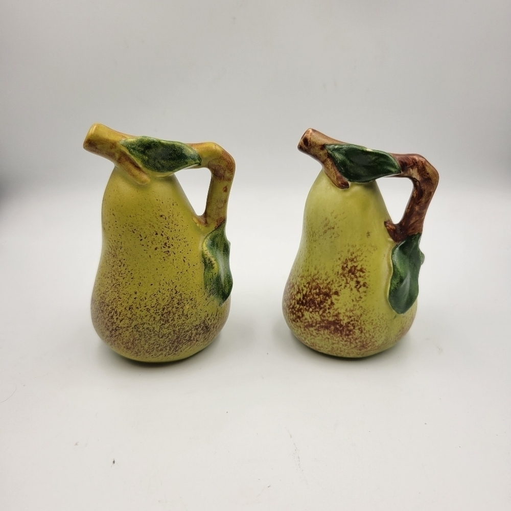 Green and Brown Pair of Pear Ceramic Salt and Pepper Shakers